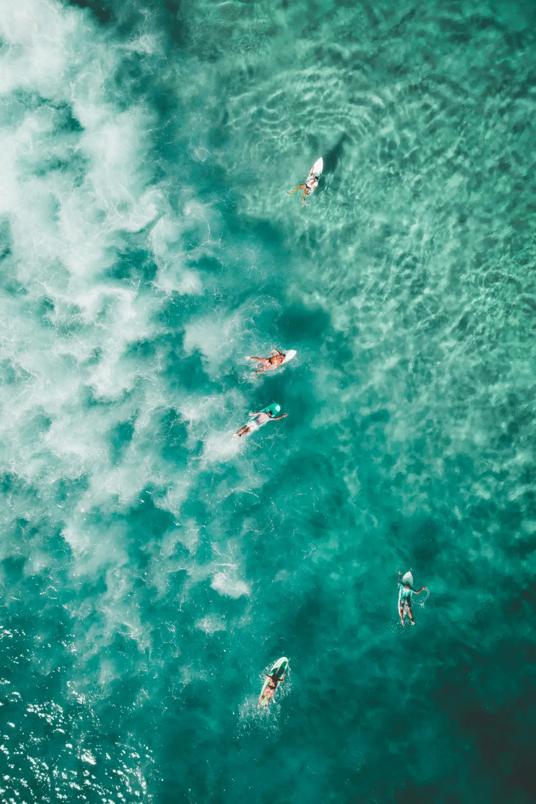 A group of surfers sitting on their boards in the lineup
