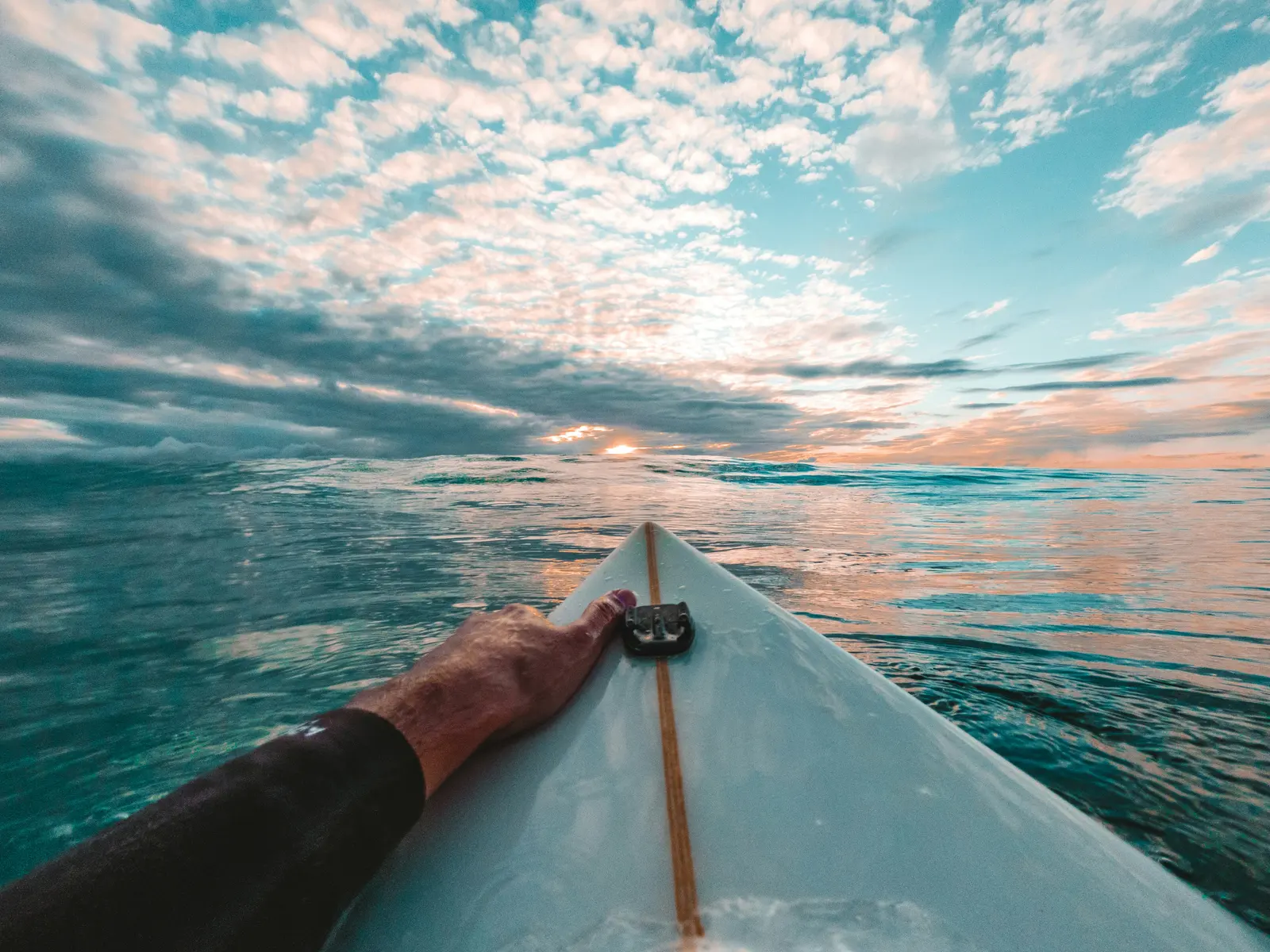 A surfer's hand resting on the nose of a board at sunset